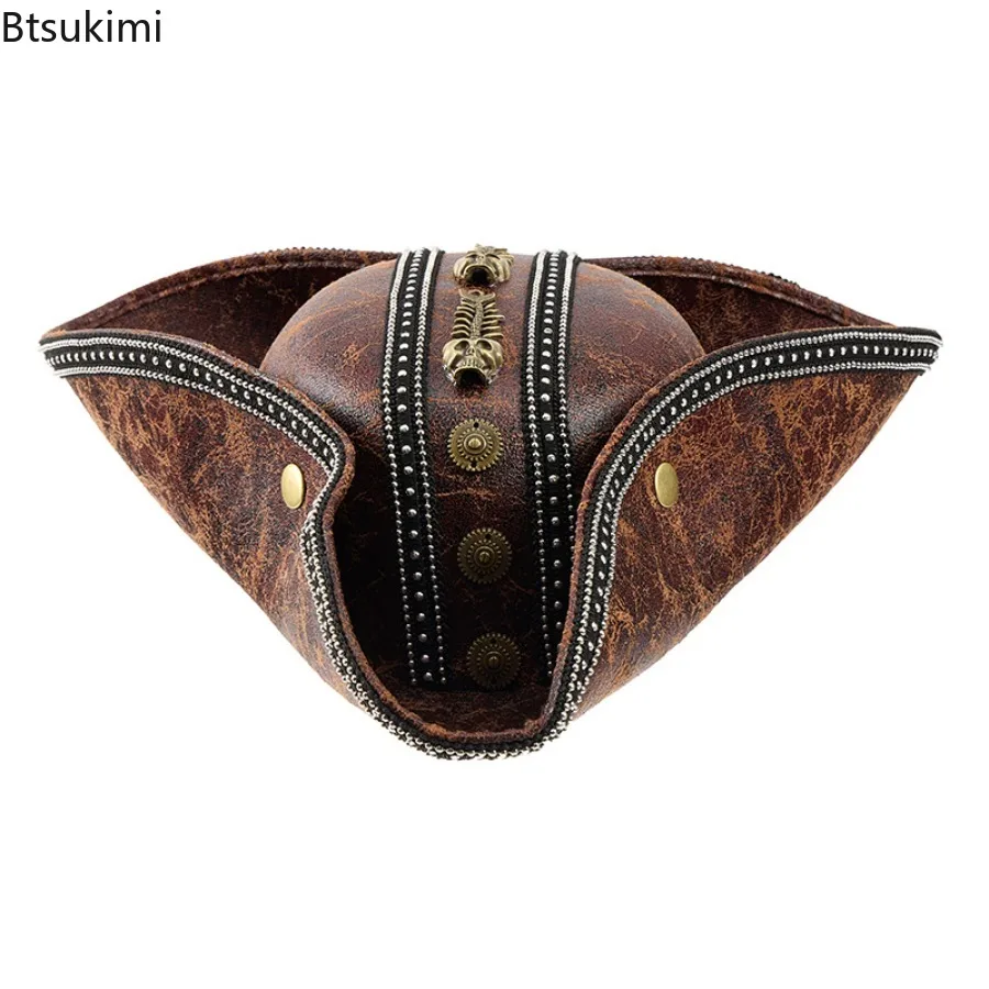 Pirate Hat Vintage Faux Leather Colonials Tricorn Hat for Men Women Halloween Cosplay Pirate Themed Party Caps Role Play Props