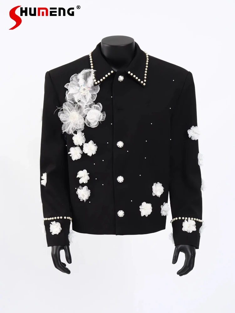 

Fashion Three-Dimensional Flower Short Jackets Men 2025 Autumn New Light Luxury Beaded Coats Male Handsome Shoulder Pad Jackets