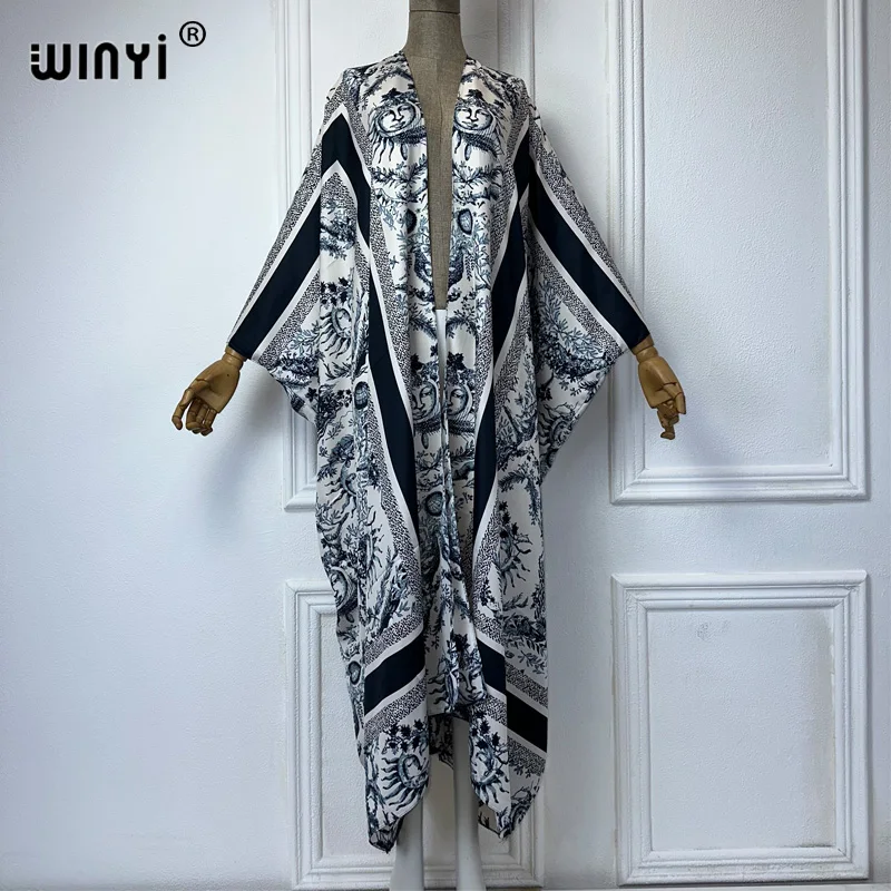 WINYI Kimono lato elegancki abstrakcyjny nadruk sweter damski bluzka abaja zakrywająca plaża kobiety boho maxi sukienka party kaftan