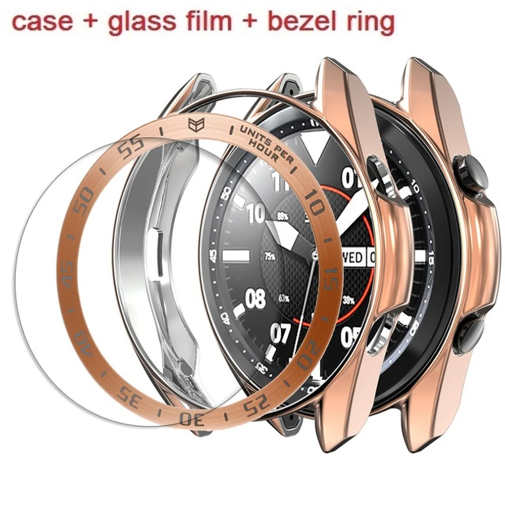 Lünettenring + Glasfolie + Hülle für Samsung Galaxy Watch3 41 mm 45 mm Watch4 42/46 Schutzabdeckung Hülle Anti-Kratz-gehärtetes Glas