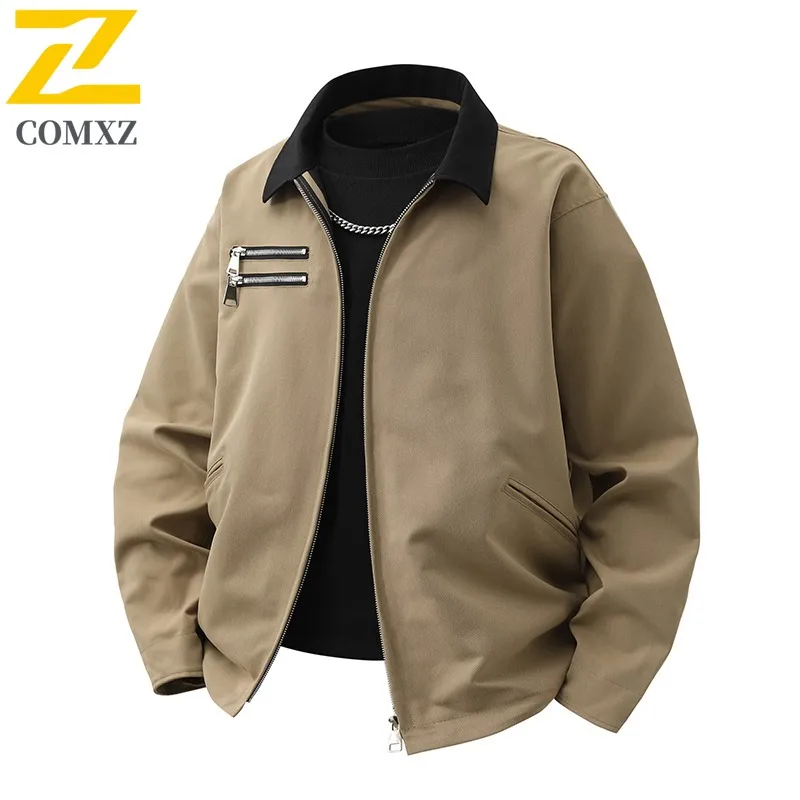 COMXZ 2025 Mens Japanese Vintage Workwear Jacket Zip Detail Casual Coat