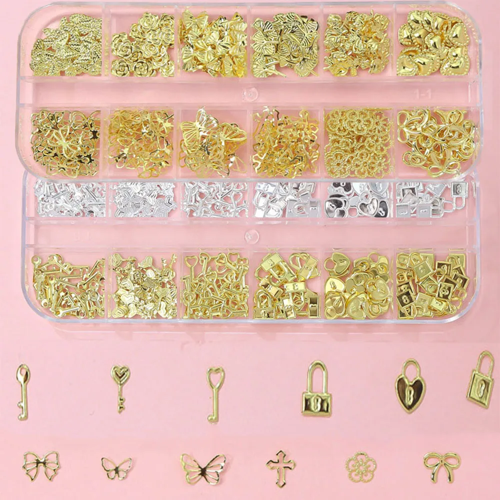 12 Roosters/Doos Metallic Vlinder Gouden Slot Bedels Nagel Studs Sterren Maan Klinknagels Strass Sieraden Nail Art Diy Ambachten Accessoires