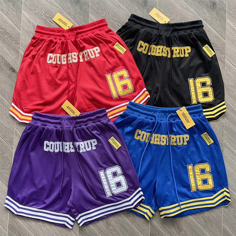 

Streetwear Brand That's A Awful Lot of Cough Syrup Casual Shorts Splicing Embroidery Mesh Breathable Sports Shorts