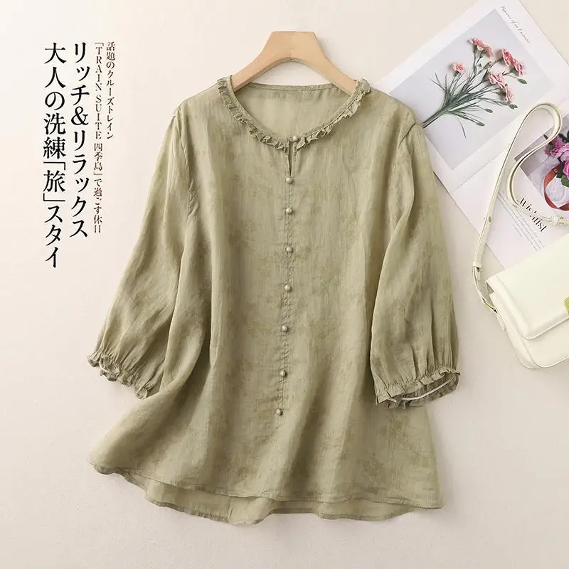 New Arrival 2024 Summer Arts Style Women 3/4 Sleeve Loose Tee Shirt Femme Tops Laciness O-neck Vintage Button Casual Tshirt