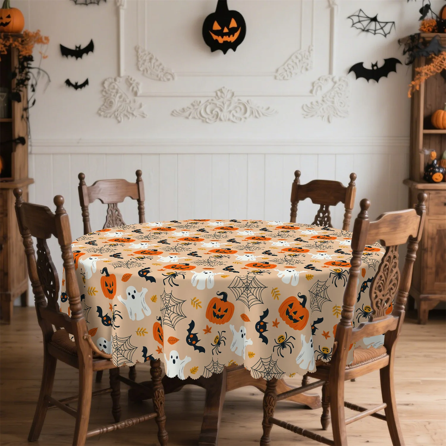 Pumpkin lantern, bat, spider web, dried leaves, Halloween tablecloth, suitable for rectangular and round tableszyc