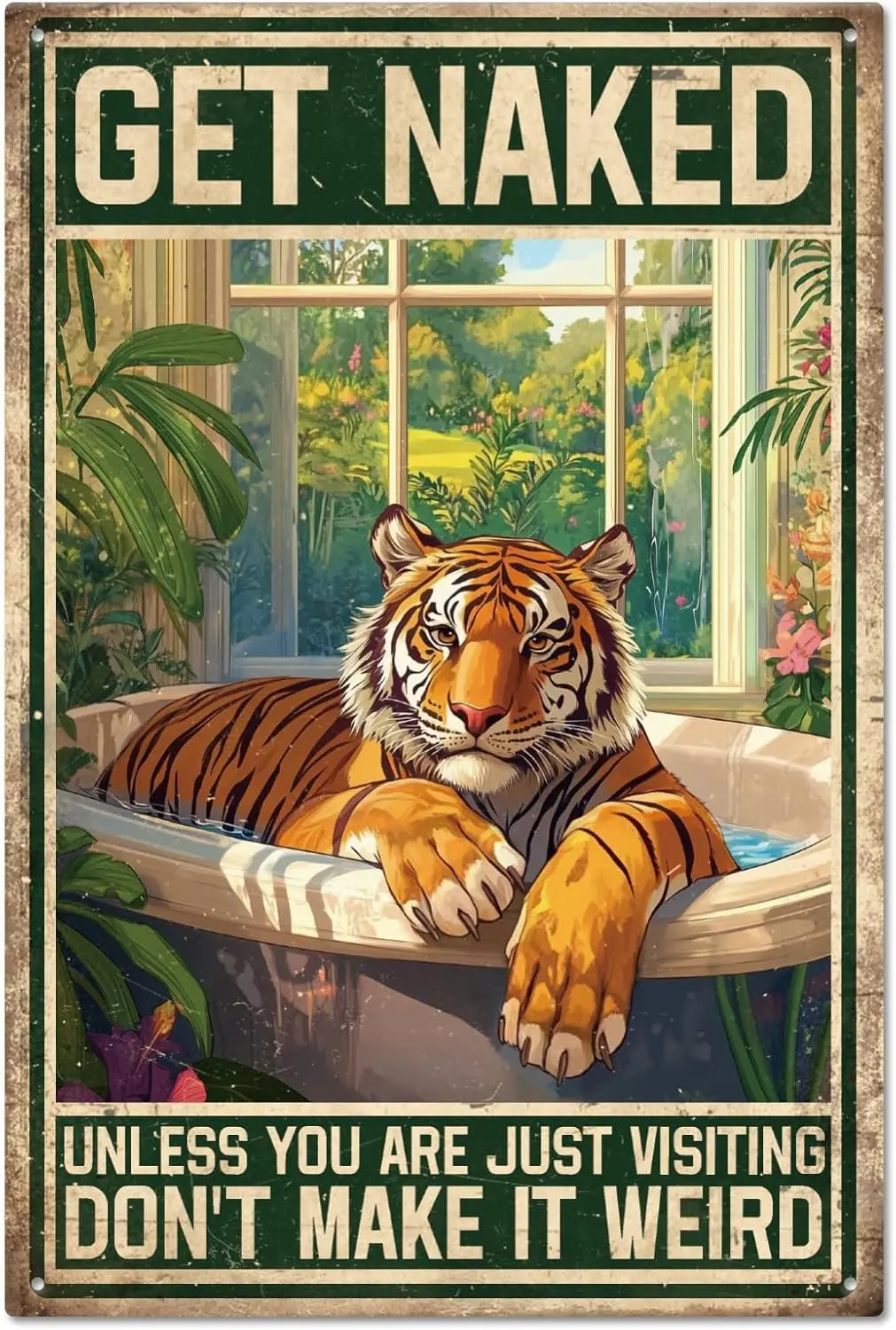 GLOBLELAND Funny Tiger Metal Tin Sign 12x8 in Fresh Plants Bathtub Tin Signage Decor Metal Sign for Washbasins Balcony Bath sign