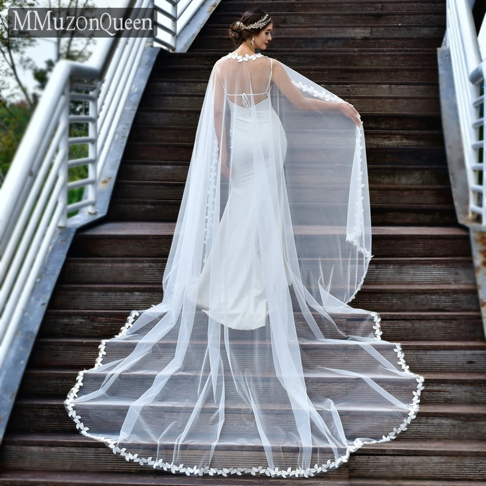 MMQ MG28 Lace Edge Long Bridal Shawls Cathedral Wedding Cape Soft Tulle Applique Leaves Cloak Bride Accessories DIY Customizable