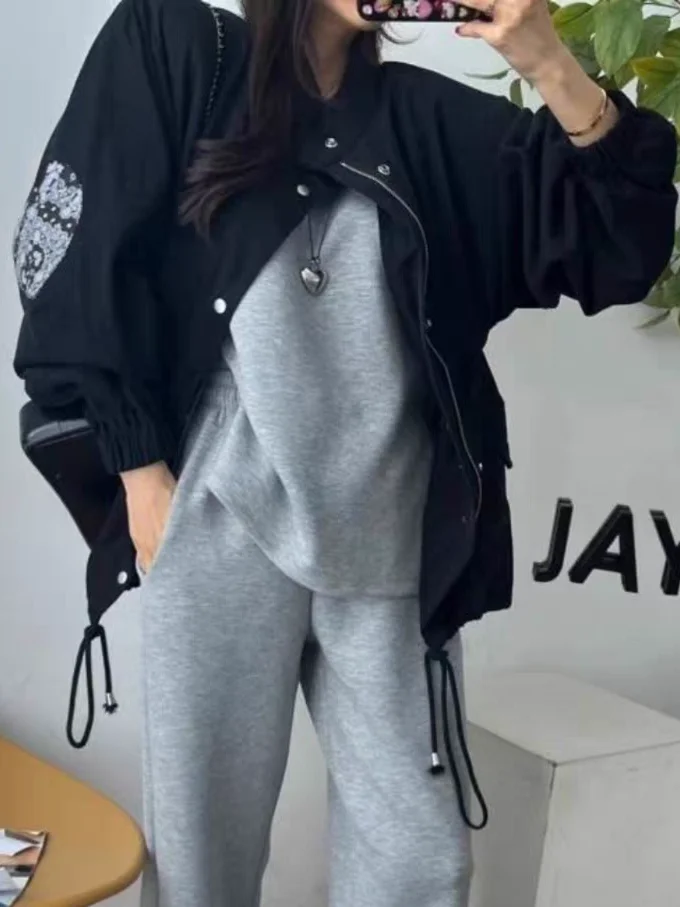 

Loose Women's Workwear Sle Windbreaker Jaet with Dstring Stand Collar Ba Slit Long Sve Cotton Warm Outerwear