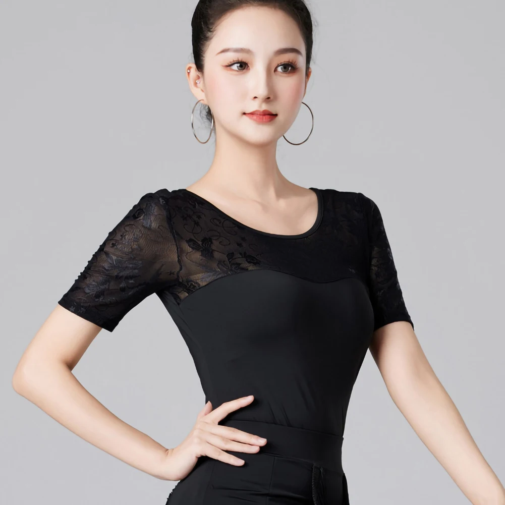 

Ice Silk Dancing Top Black Latin Short-sleeved Samba New Round Neck Dance Training T-shirt Ballroom Dance International Dance