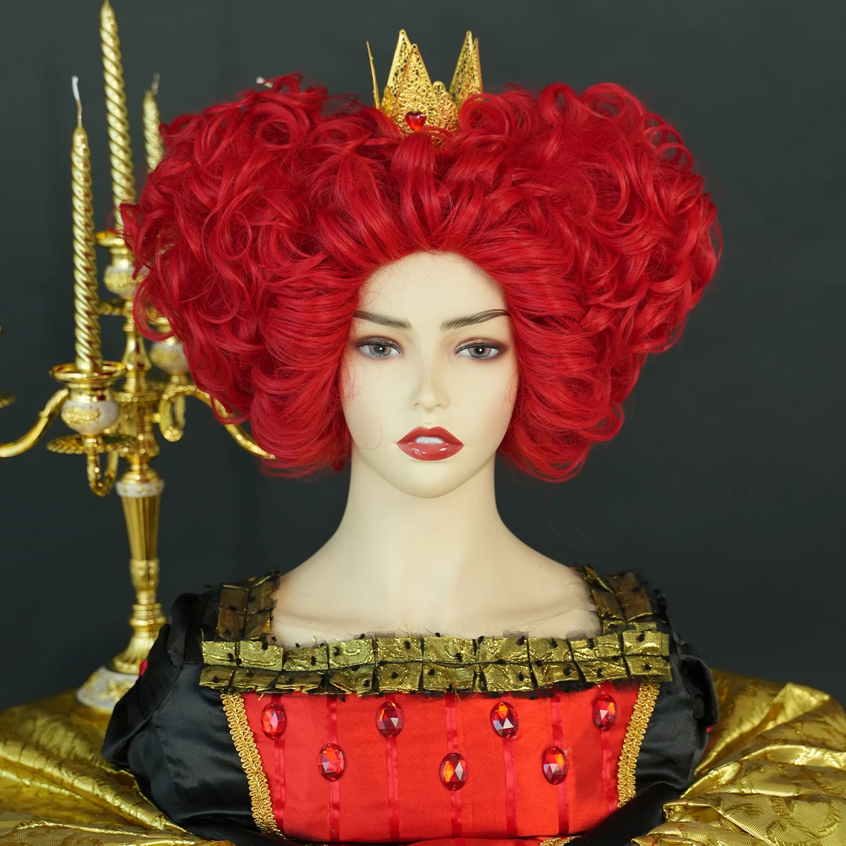 7JHH WIGS New Royal Red Queen Wig Light Red Short Curly Hair Synthetic Heart Cosplay Wigs Halloween Costume Party Wig