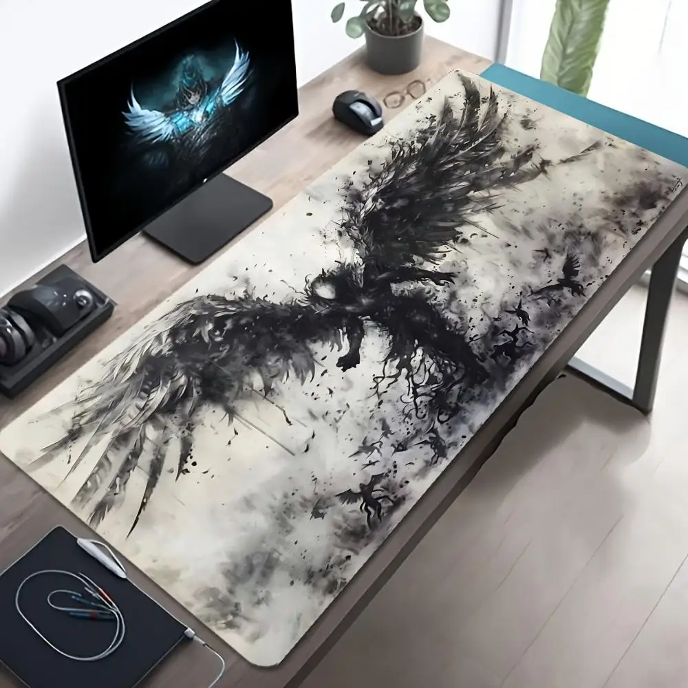 XXL Gaming Mouse Pad Black Angel Wings Ink Art Eclipse Neon Red Light Non-Slip Rubber Keyboard Desk Mat Gothic Devil Wing Pad