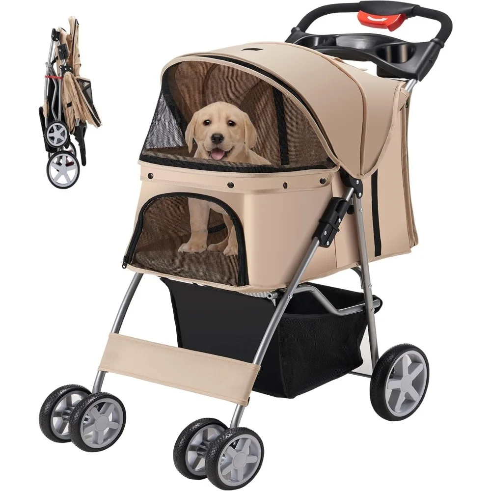 

Pet Stroller, 4 Wheels Pet Strolling Cart for Medium/Small Dogs and Cats, Foldable Cat Jogger/Dog Stroller with Cup Holder, Stor