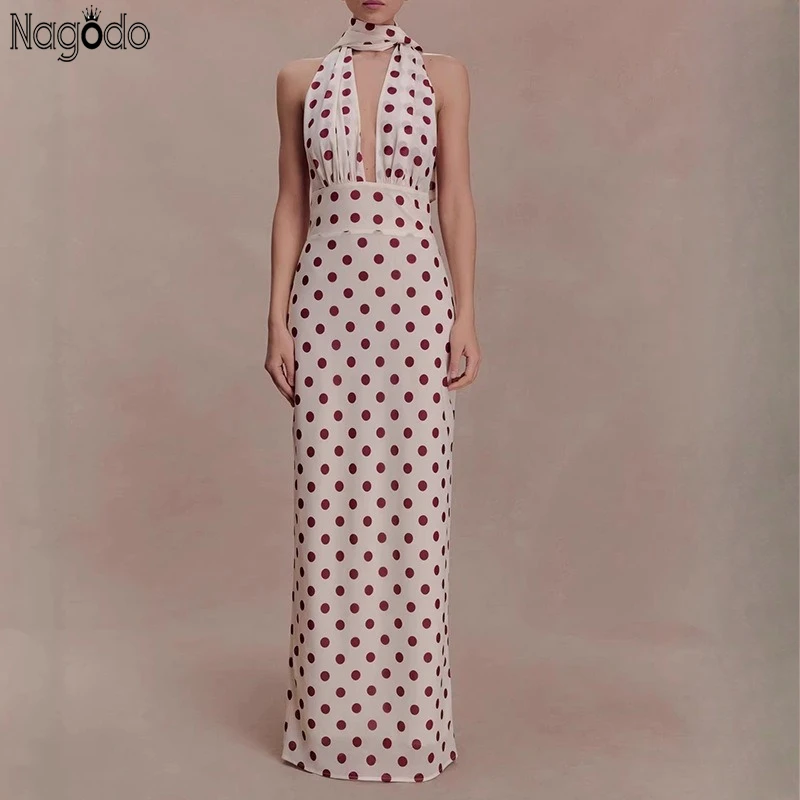 

Nagodo Summer Women's Polka Dot Evening Long Dress Sexy Backless Sleeveless Maxi Dresses Slim Elegant Vestidos Prom Party Gowns