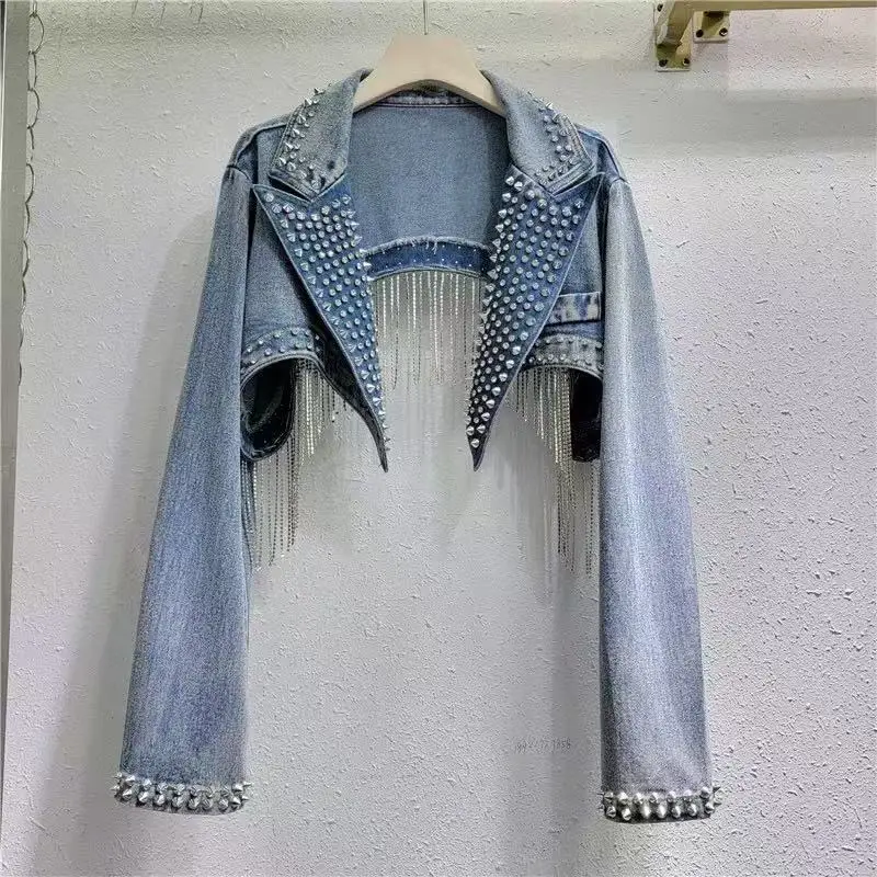 Spring-Summer New Willow Studs Diamond-Studded Tassel Denim Shawl Jacket for Women Y2K Cropped Top Blue Black Denim Jacket Trend
