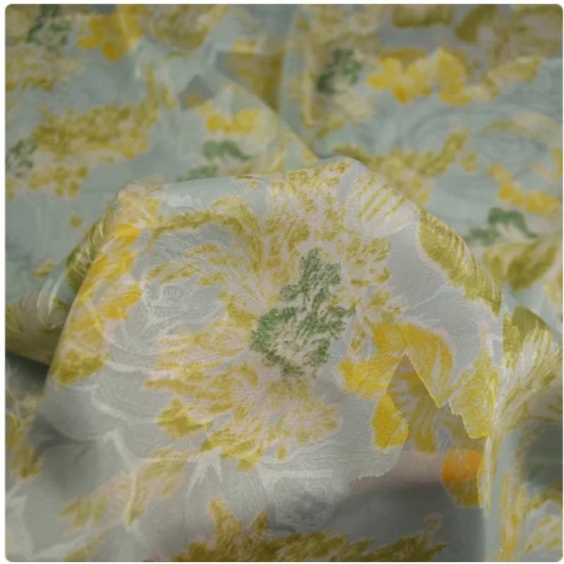 Elegant Fresh Yellow Green Flower Print Chiffon Fabric, Dress, Shirt, Han Cloth Sewing Handmade Tissue, Soft Transparent, T2230