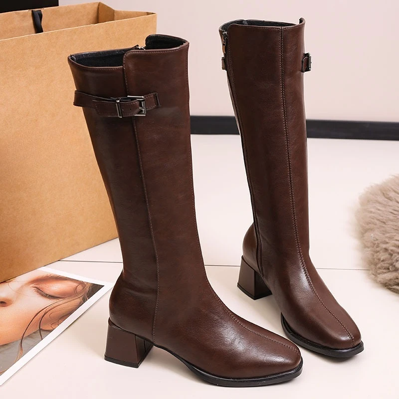 

Metal Buckle High Boots Fashion Square Toe Soft Sole Anti-slip Wear-resistant Block Heel Leather Shoes