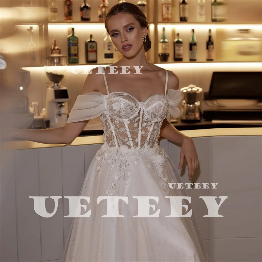 UETEEY Customized Off Shoulder Appliques Tulle Wedding Dress Women Illusion A Line Lace Up Back Court Train vestidos de novia