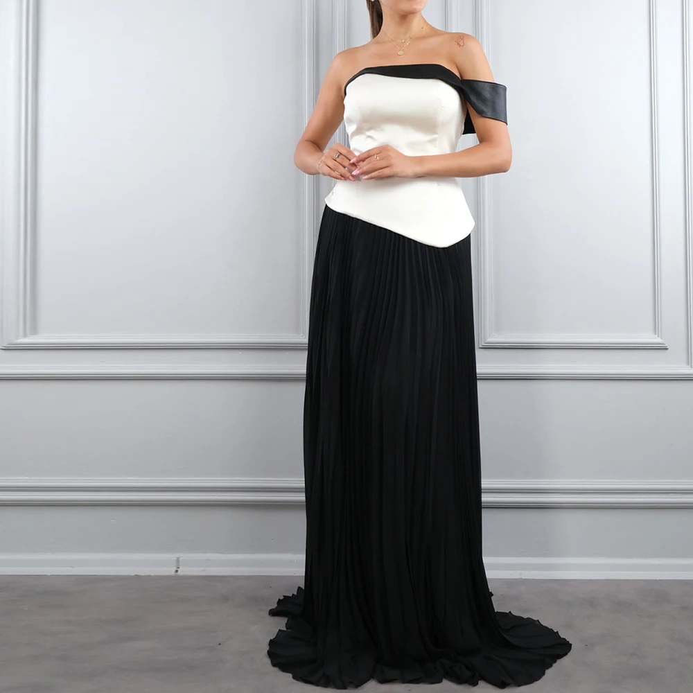 

One Shoulder Floor Length Saudi Arabia Evening Gowns Jersey Short Sleeves Straight Pleats Sweep Train Special Occasion Gowns