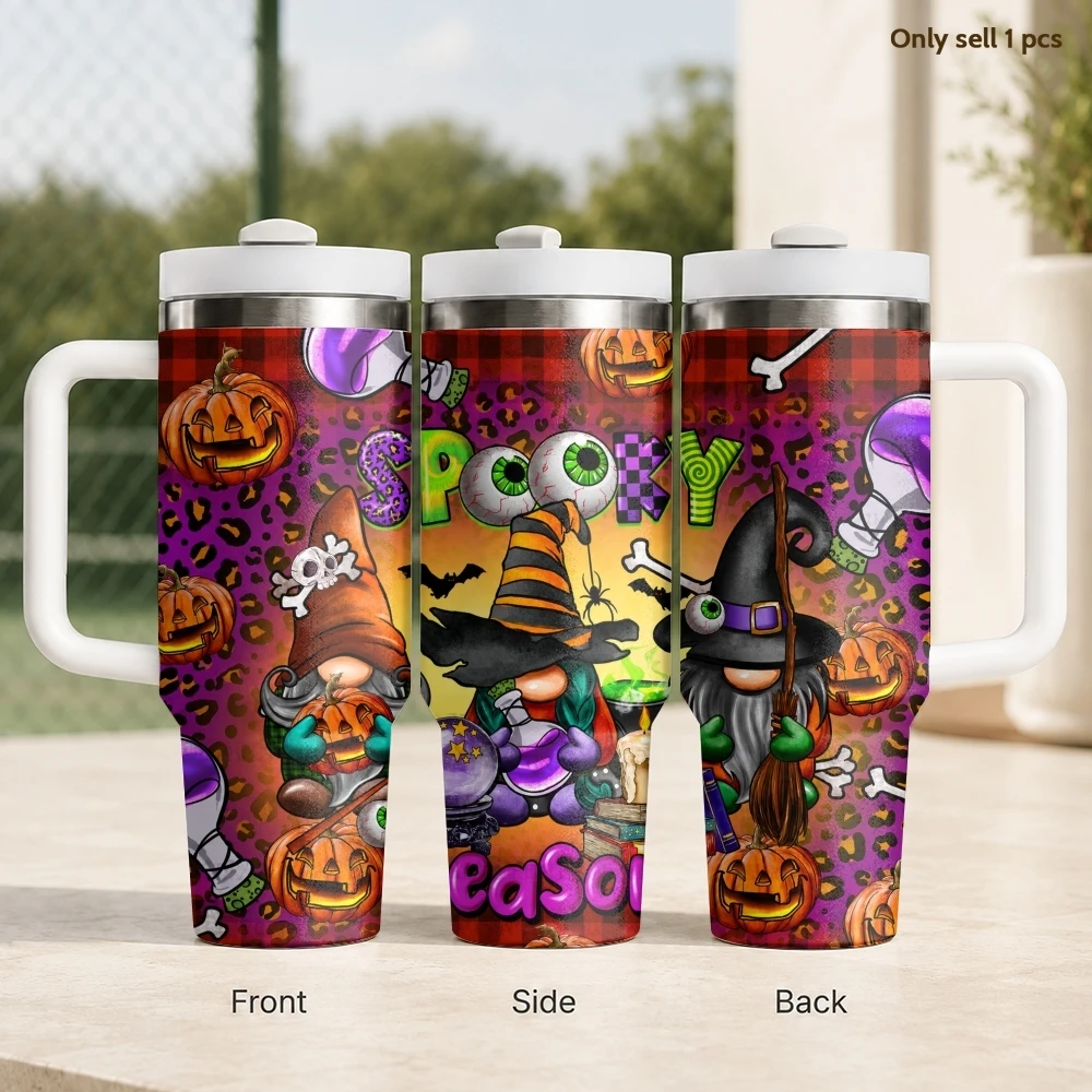 Trick or Treat Vacuum Flasks 40oz Stainless Steel Travel Tumbler with Handle Straw Lid Double Wall Vacuum Insulated