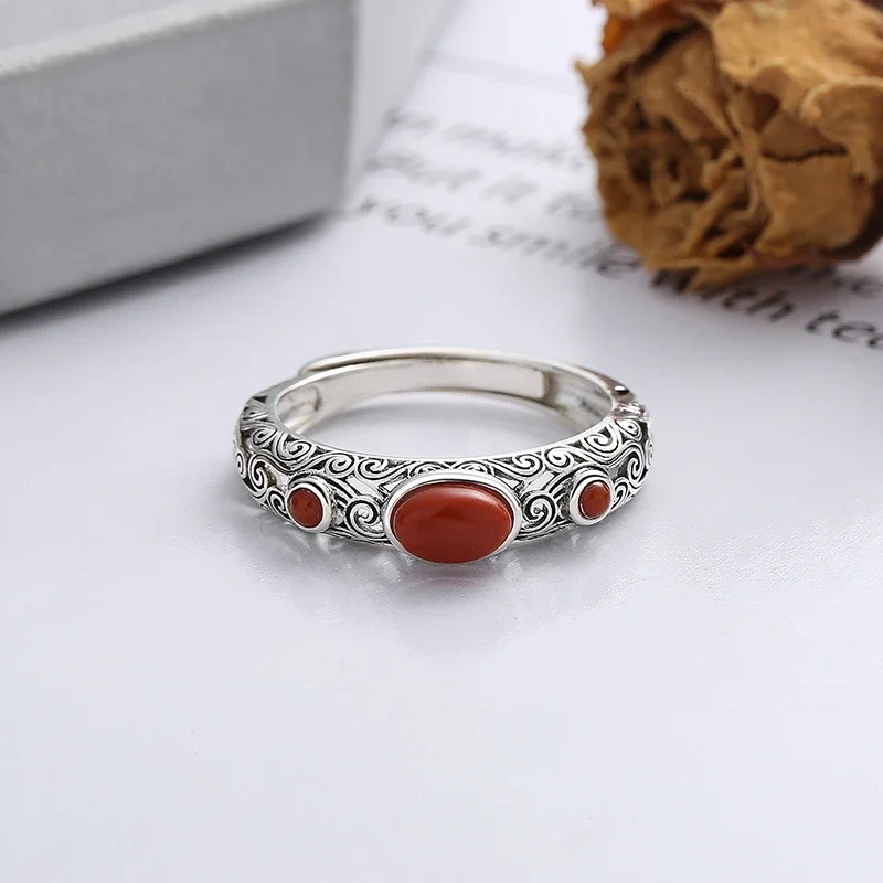 Buddhastone New Retro Old Chinese Pattern Ring South Red Agate Niche Opening Adjustable Temperament Versatile Fashion Jewelry