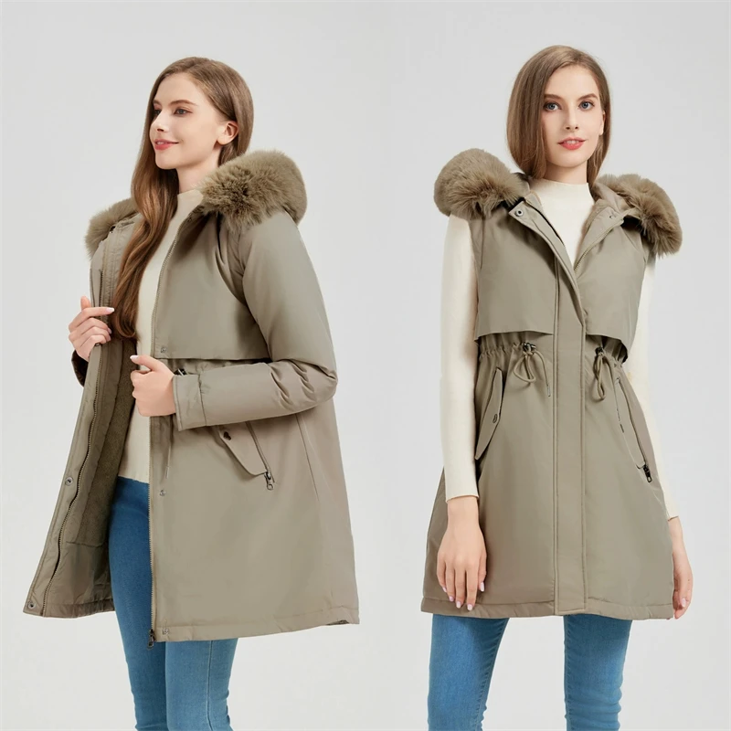 Jaket Parka Wanita Berkerah Bulu dengan Tudung, Panjang Sedang, Berlapis Kapas, Lengan Dapat Dilepas, Lapisan Beludru Tebal, Mantel Musim Dingin, Pakaian Luar Wanita