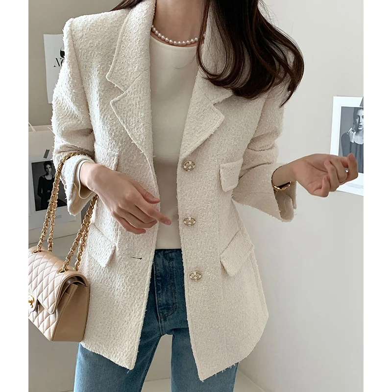 

Ele Autumn Winter Woolen Coat Chic Button Detailing Long Sve Tailored Lapel Faionable Fake ket Versatile Outerwear