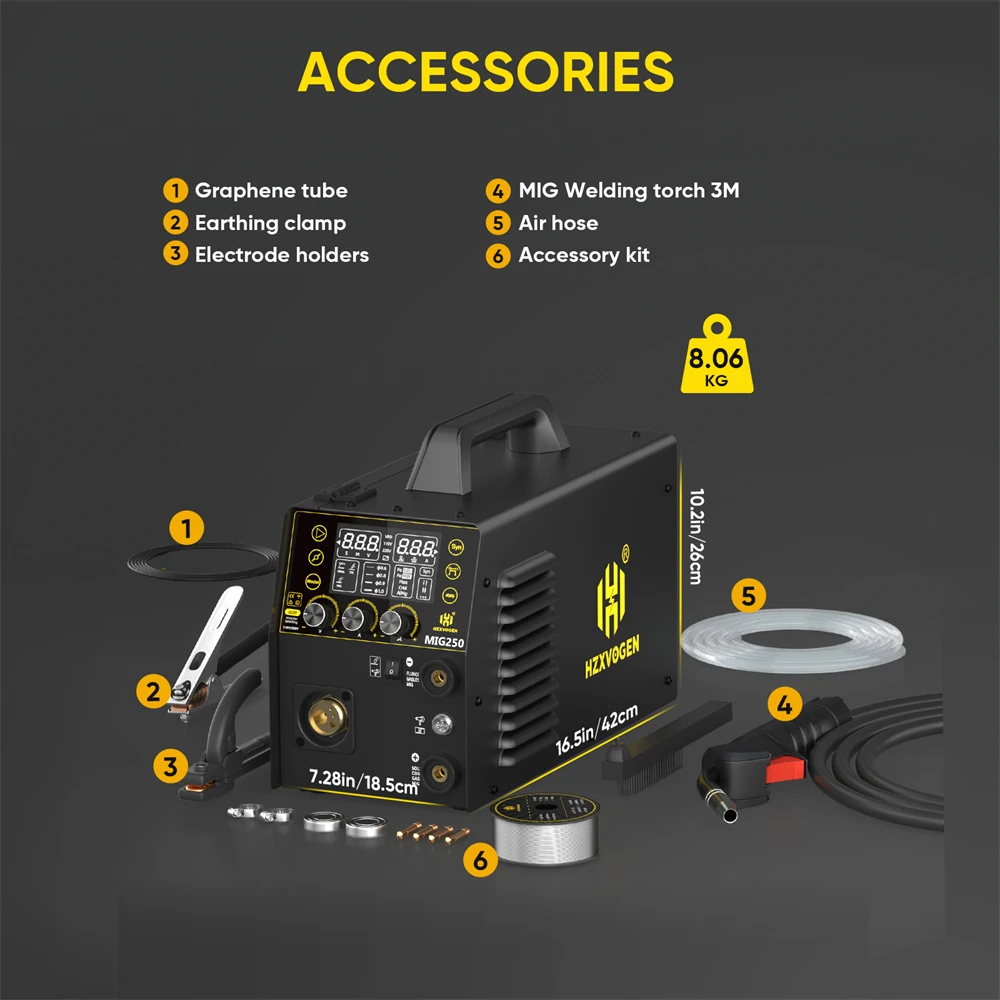 HZXVOGEN MIG250 Alluminio 5 in 1 Saldatrice MMA ARC/Gas MIG/Gasless MIG/LIFT TIG Saldatura a punti Saldatore domestico portatile Strumento