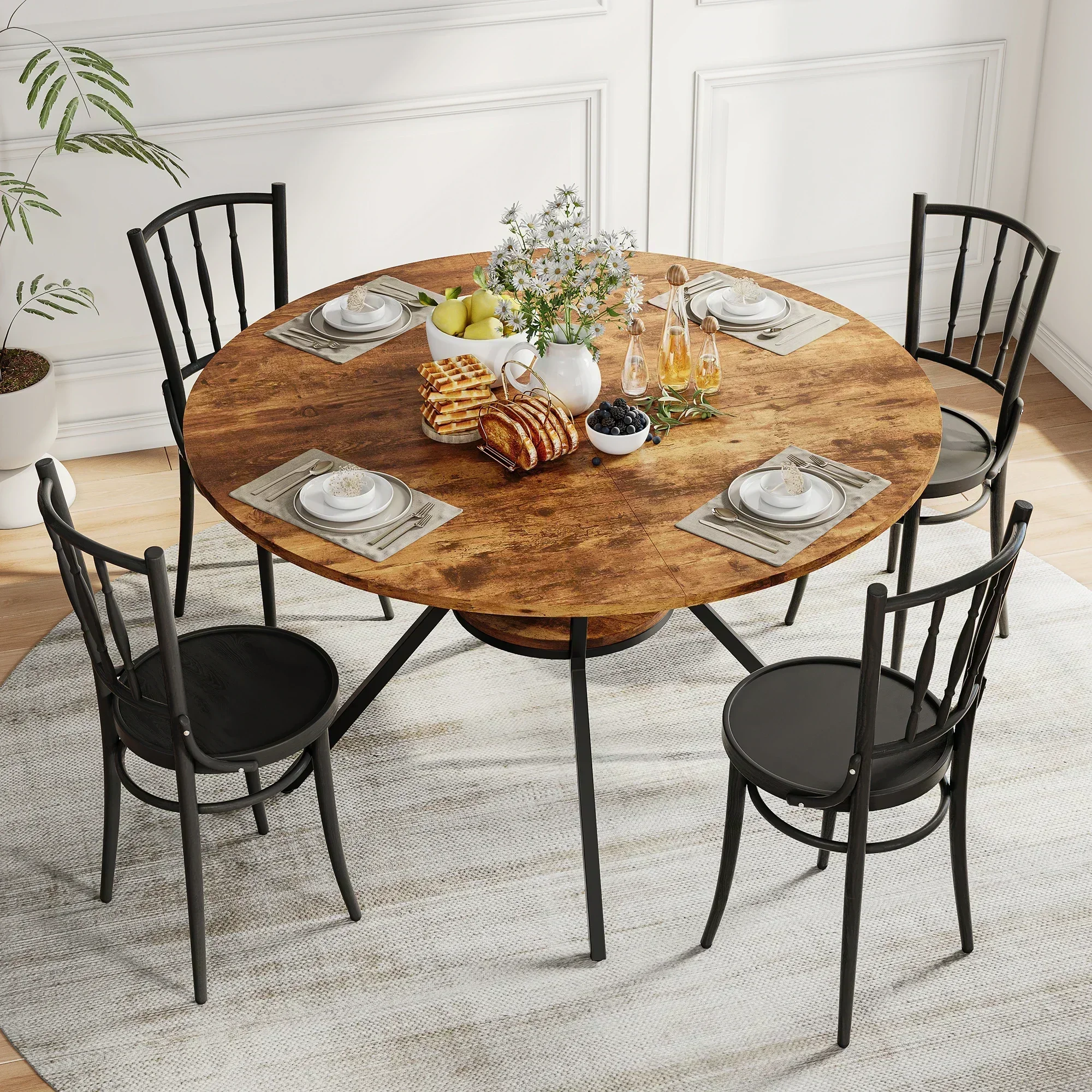 Runder Esstisch für 4–6 Personen, mit Ablage, platzsparender Küchentisch aus Holz im Industriedesign, Tischplatte aus MDF und Metallgestell, Wohnzimmertisch (Vintage-Braun, 120 x 120 x 79 cm).