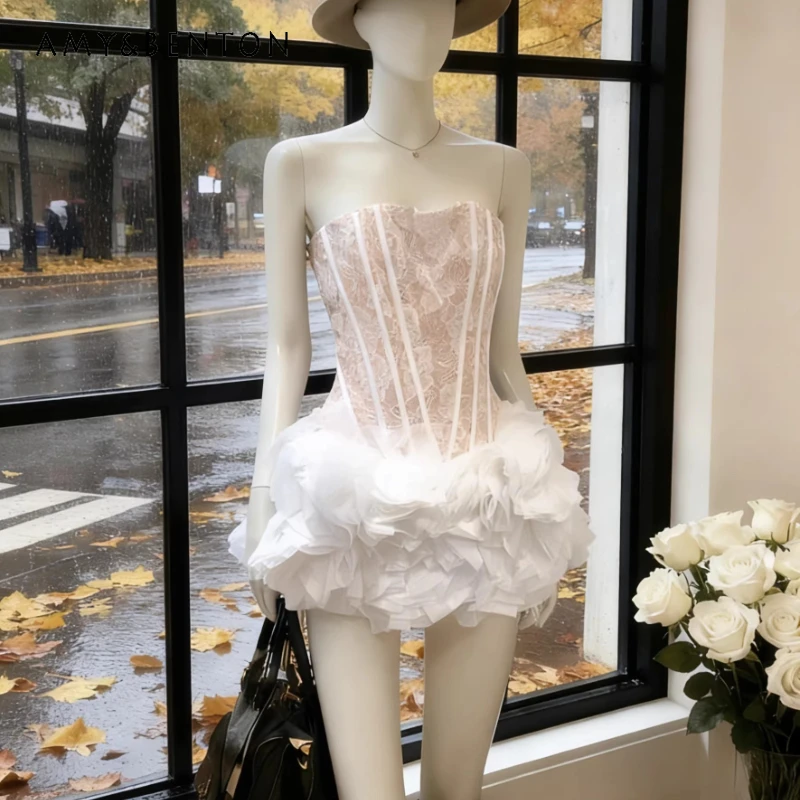 

2026 Summer Lace Splicing Tube Top Fish Bone Women's Short Dress Original Design Sexy Sweet Temperament Fluffy Dresses Ladies