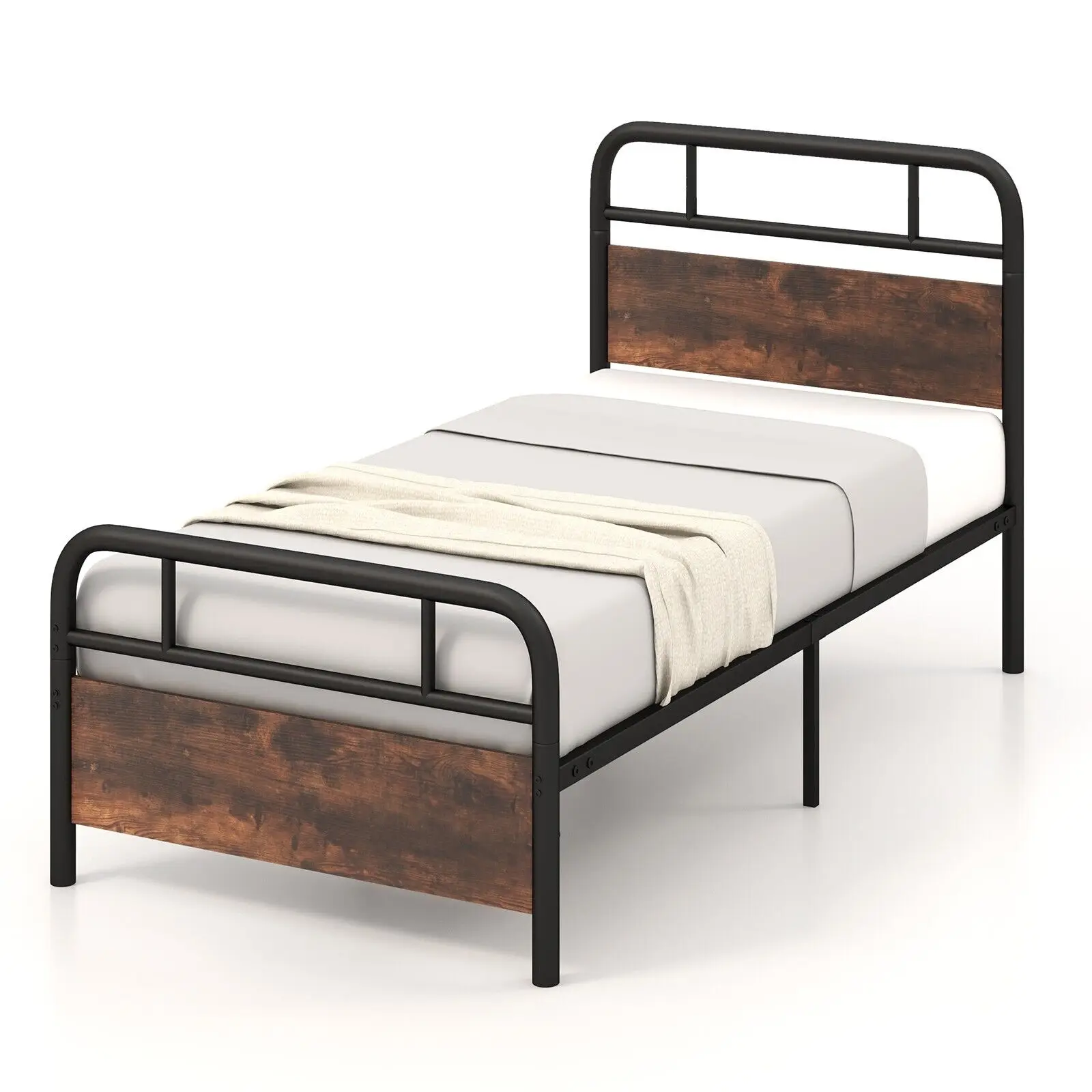 GOFLAME Single Size Bed Frame Platform Metal Slats Support Bed W/ Industrial Headboard