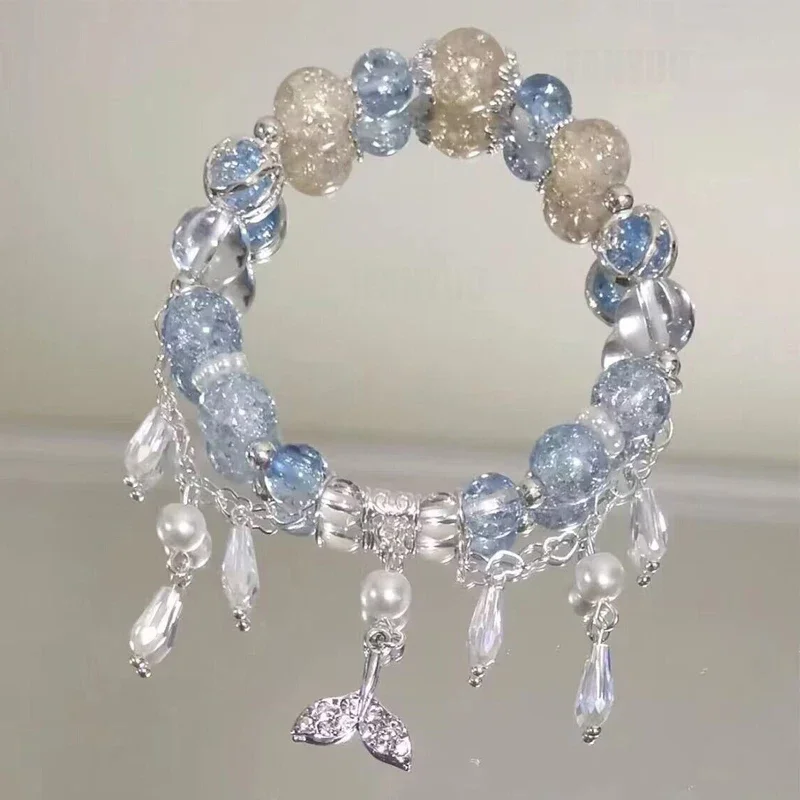 Light Luxury Blue Glass Crystal Beaded Bracelet, Chic Gift