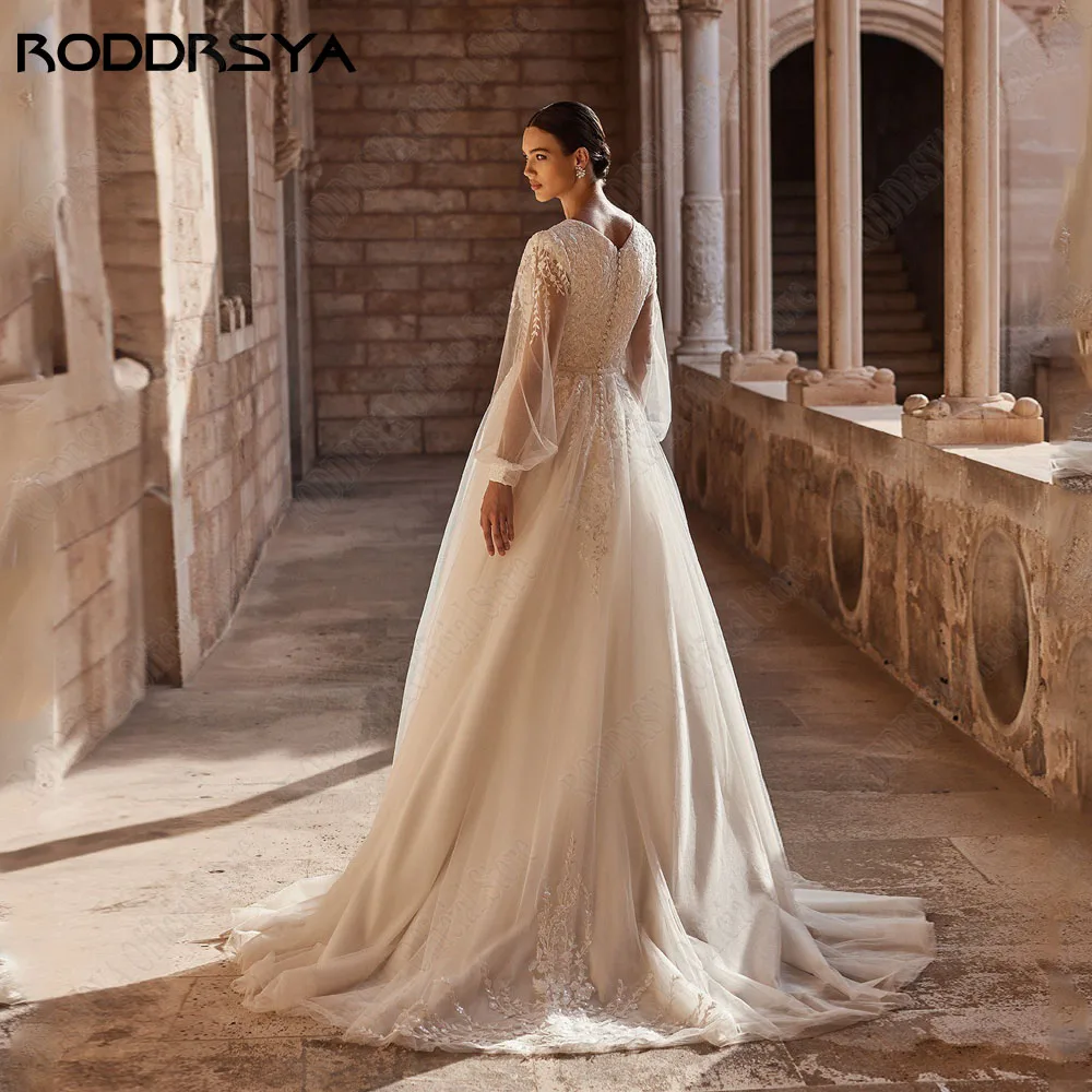 RODDRSYA Long Puff Sleeves Wedding Dresses For Woman A-Line Applique Muslim Bridal Gown Beading Lace Button Vestidos Novias Boda