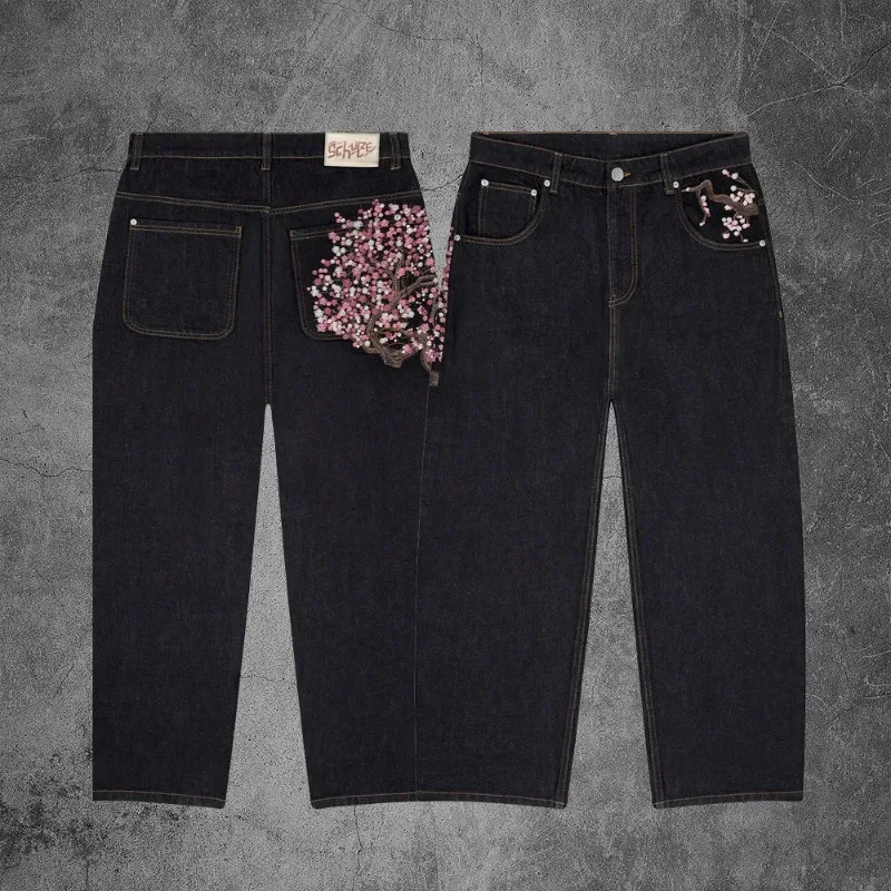 

Модные джинсы Y2K в стиле Harajuku с вышивкой в виде цветов, мужские брюки в готическом стиле, уличная мода, унисекс, прямые джинсовые штаны