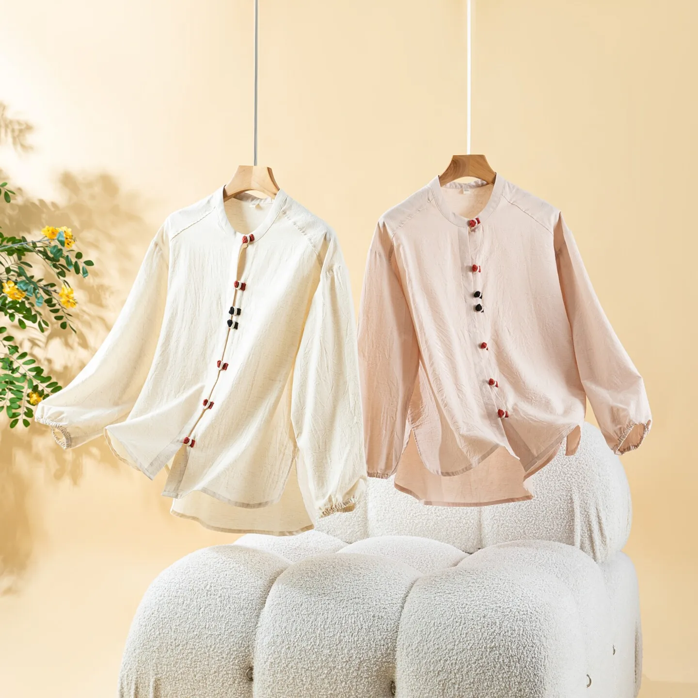 Cotton Vintage Chinese Women's Pajama O-Neck Long Sleeved Shirt Pants 2 Piece Set