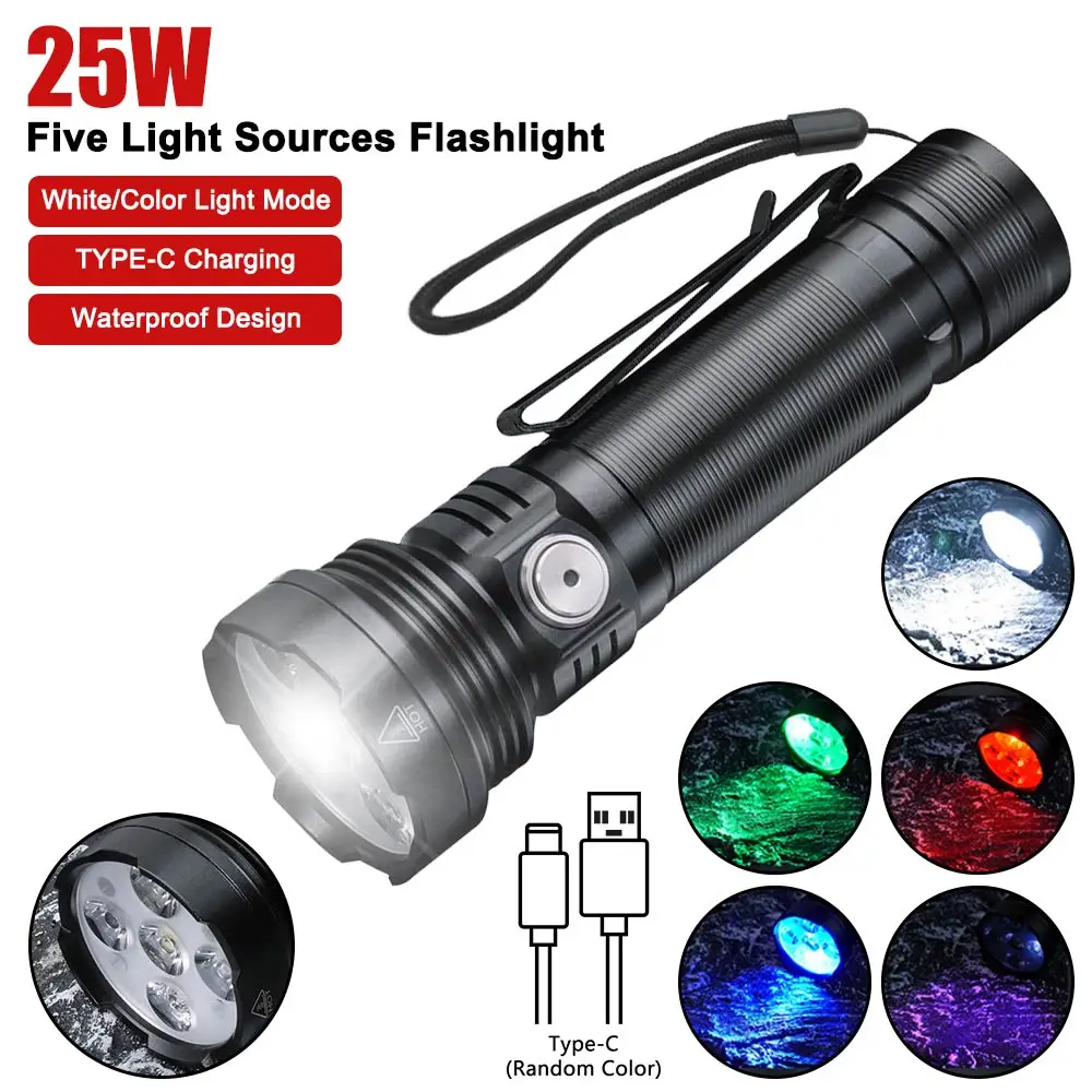 

White Red Blue Green Purple Light Rechargeable Flashlight