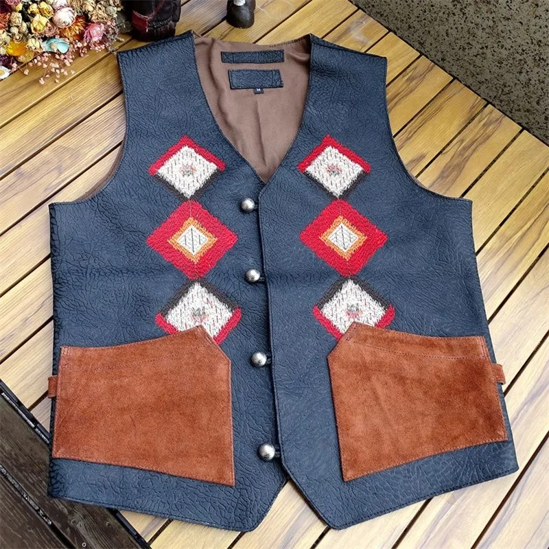 Manteau en fourrure de mouton 100% véritable, Totem brodé avec dix mille aiguilles, gilet épais de vache pour moi, style rétro américain et occidental