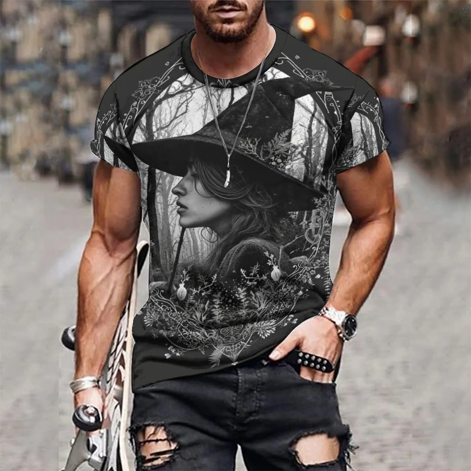 2024 new 3D witch Digital Pattern Print Men's T-shirt, Causal Comfy Tees, Short Sleeve Pullover Tops, Men's Summer Clothing