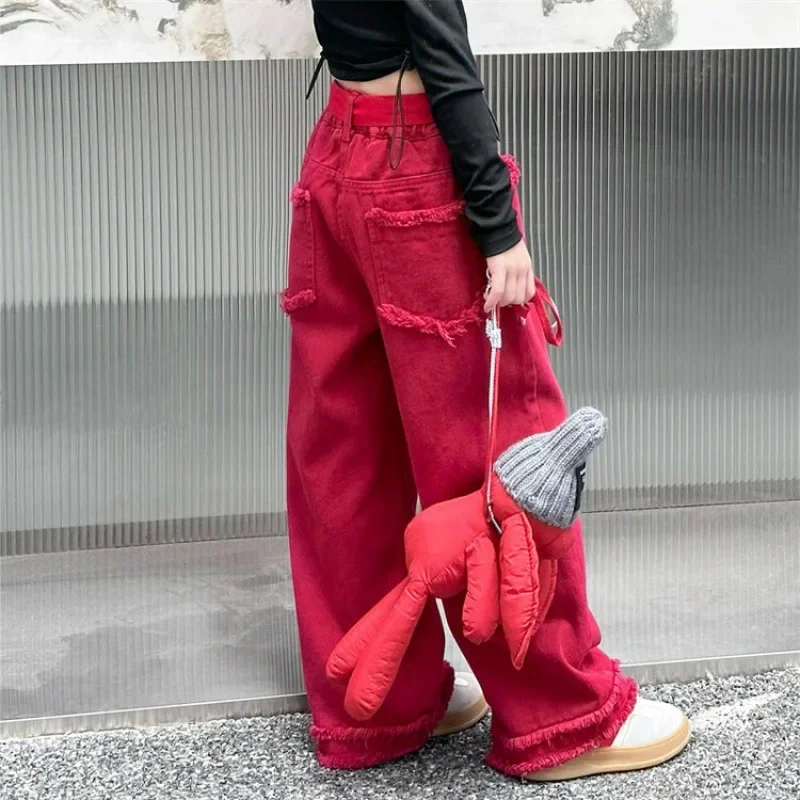 

Wide Leg Jeans for Girls Autumn American Retro Style Design Loose Straight Casual Pants Teenage Children Trousers 12 13 14 Years