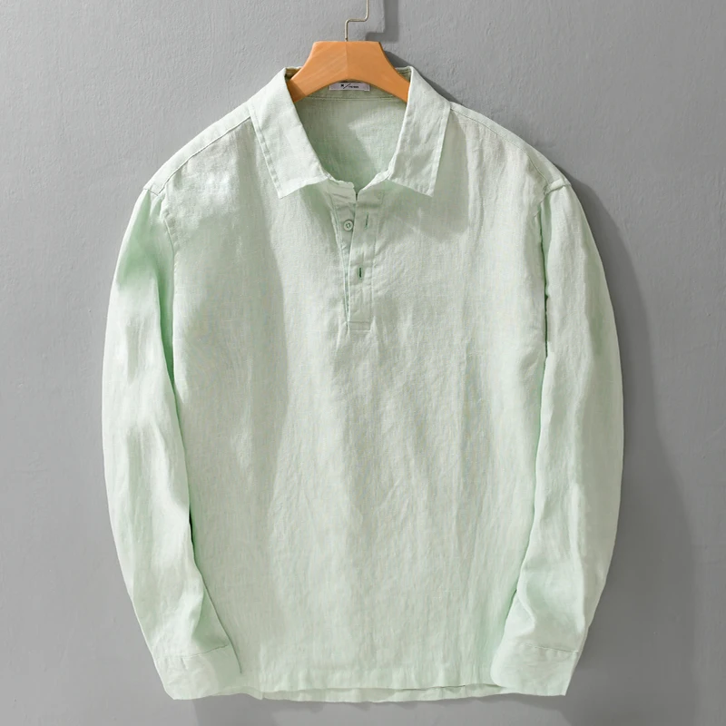

2026 весна лето осень новый повседневный пуловер из 100% льна рубашка с длинными рукавами для мужчин одежда однотонная универсальная уличная одежда