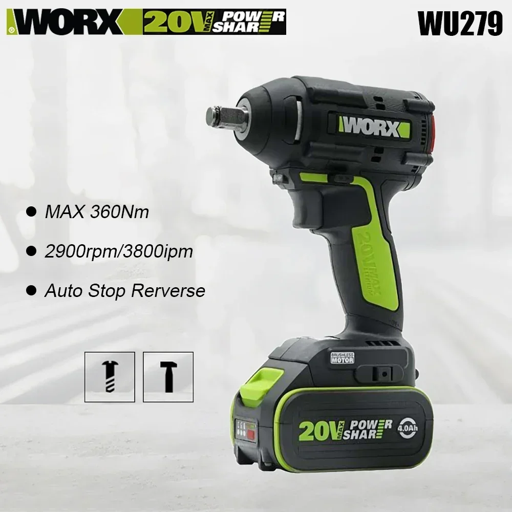 Worx WU279 Wireless Impact Wrench Rechargeable Brushless Auto Stop Reverse 360Nm 2900rpm 3800ipm Universal 20v Green Battery