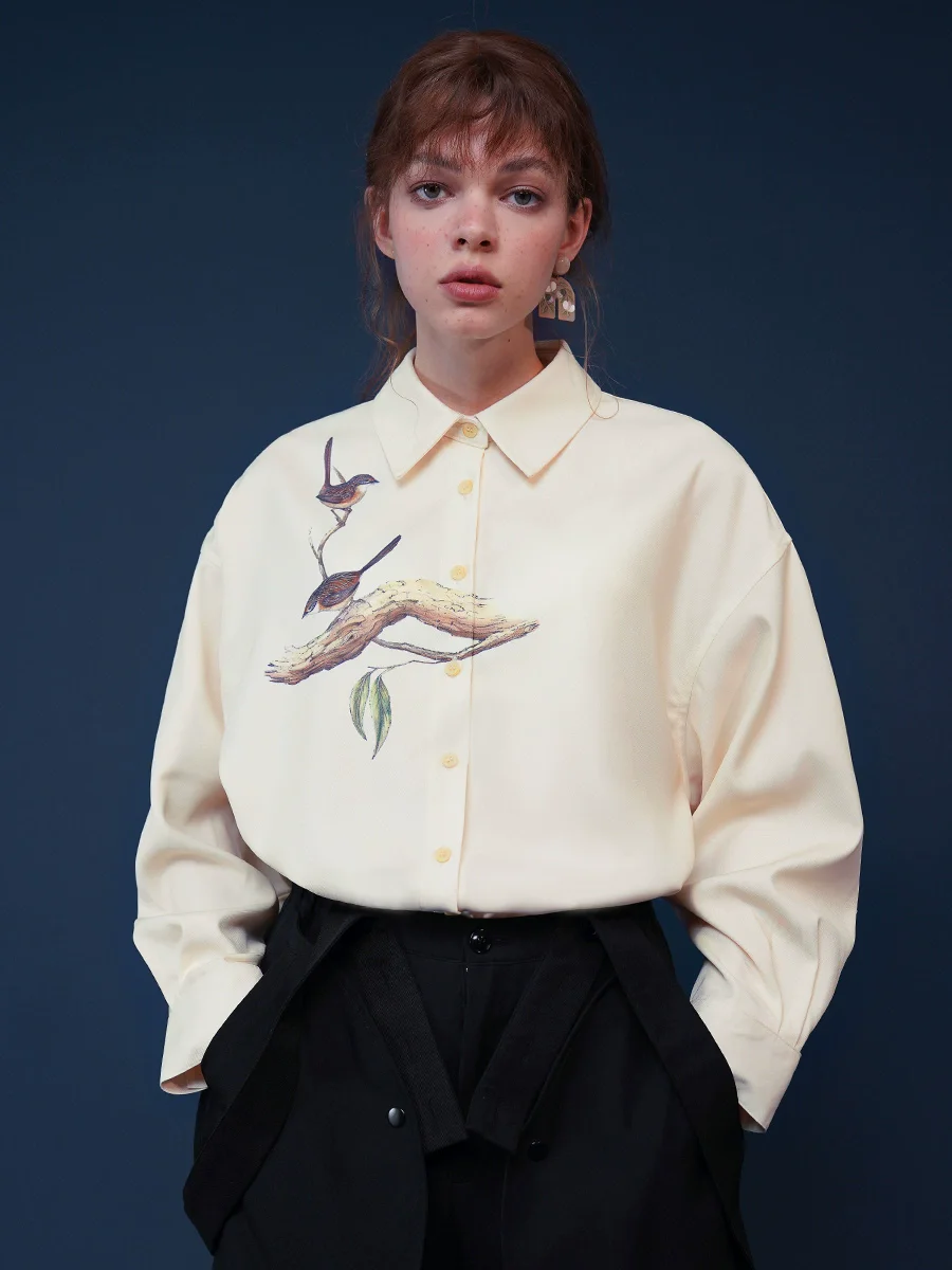 

Spring Autumn Original Design Women Oversized Exquisite Birds Print Cotton Shirt