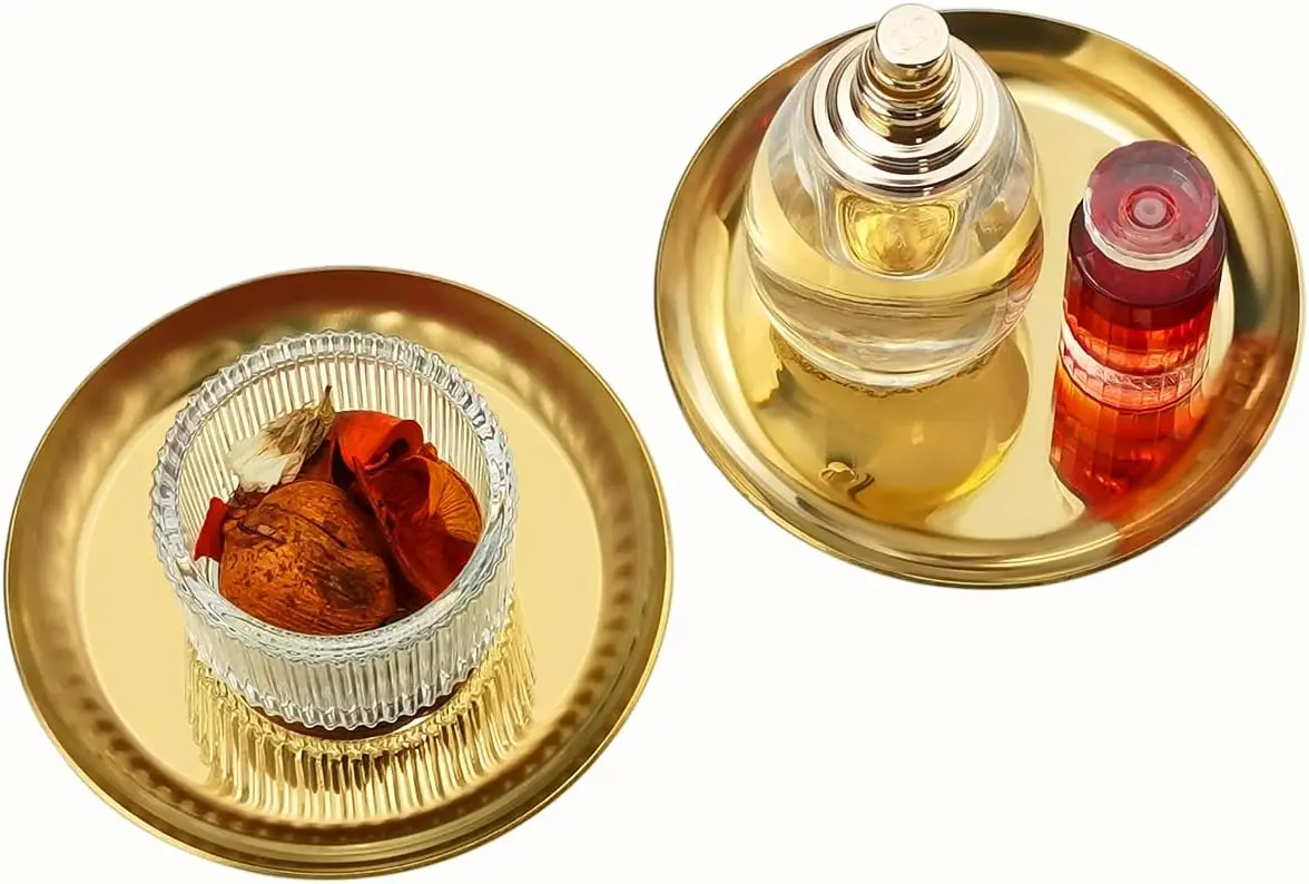 

Small Round Tray Set of 2 4 Inch Gold Organizer for Vanity Bathroom Desk Decor