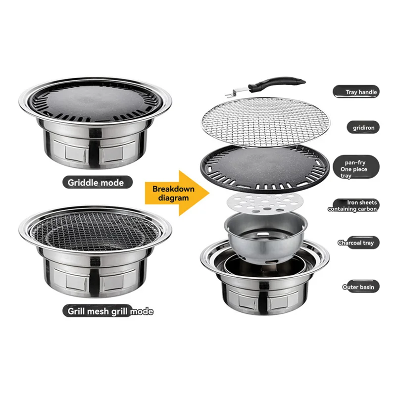 B59B-13 Inch Stainless Steel Korean Barbecue Multifunctional Charcoal Barbecue Grill Portable Charcoal Stove Forcamping Picnic I