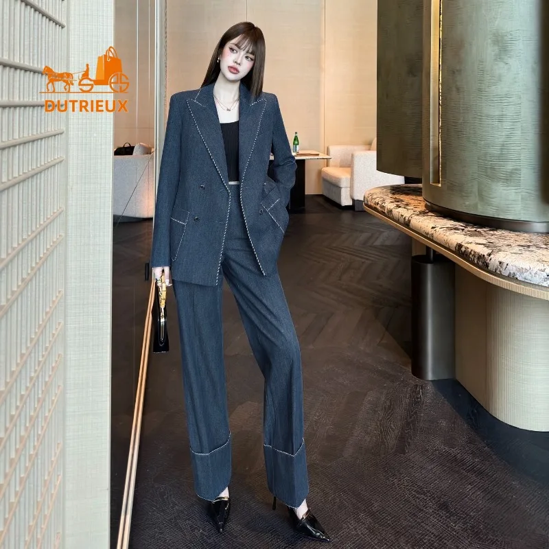Autumn Double-breasted Suit Jacket and Wide-leg Pants with Wide-rimmed Ribbon Piping, 100% Cotton Leisure Fashion Suit Women