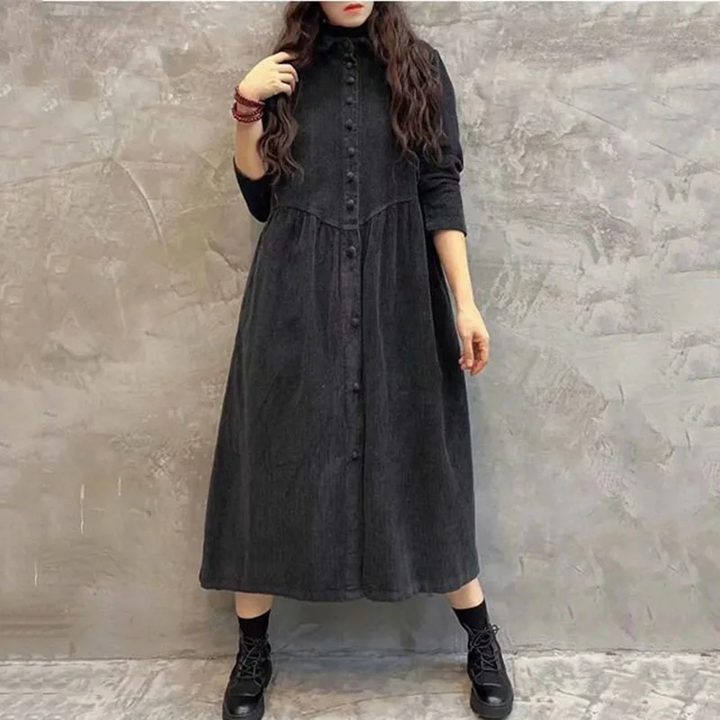 New Women Long Trench Coat Single-Breasted Long Sleeves Corduroy Overcoat Fashion Spring Autumn Casual Windbreaker Jacket Brown