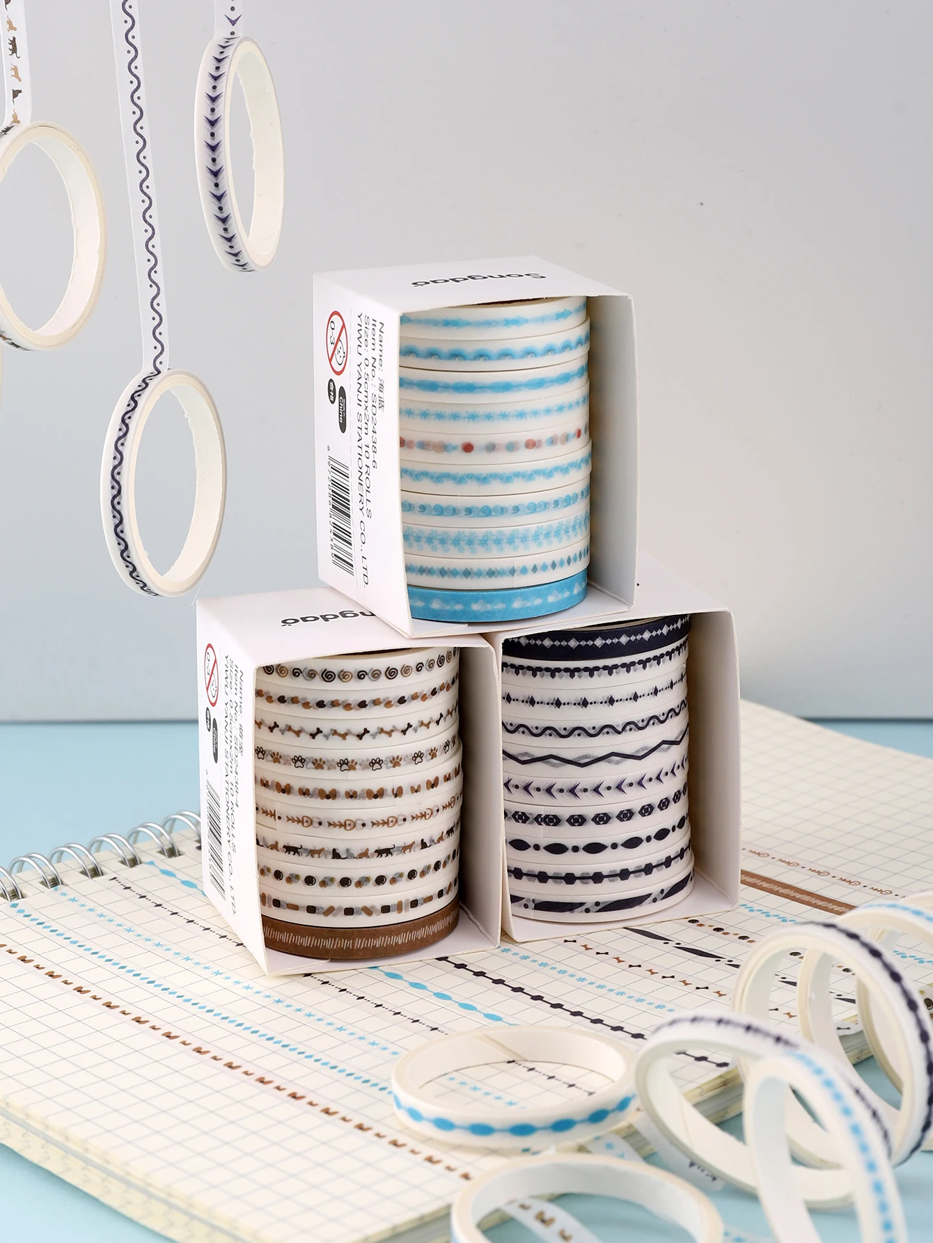 10 Rolls/Box Decorative Border Washi Tape Set Thin Line Animal Paw Geometric Masking Tape for Journaling Scrapbooking Planner