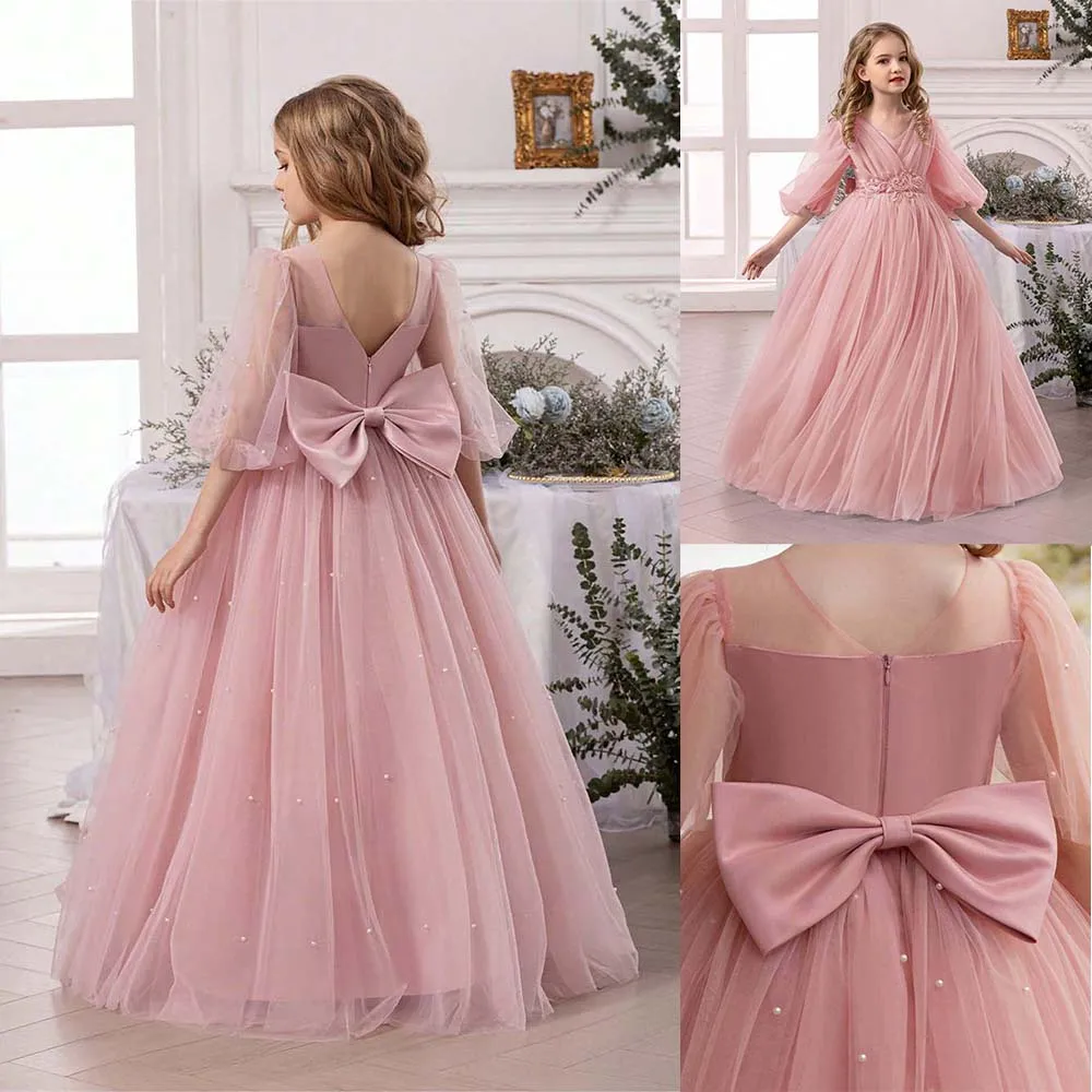 

Dusty Pink Flower Girl Dress for Wedding Beaded Tulle Double V Neck Balloon Sleeve Customized Kids Princess Pageant Dress