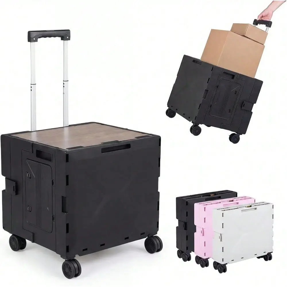 

Utility Cart On 4 Rotate Wheels, Collapsible Tool Box Shopping Trolley With Telescoping Handle, Lid Cup Holder, Portable Rollin
