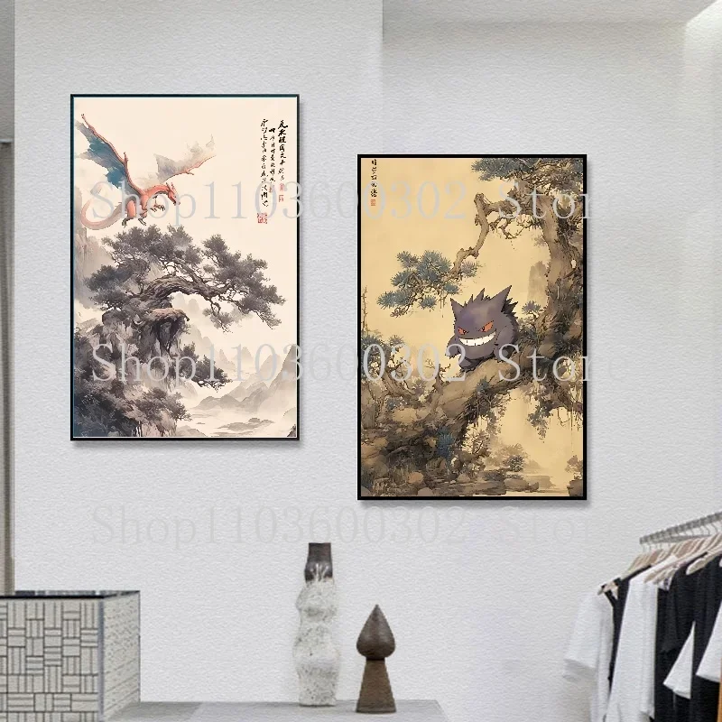 Anime Pokemon Character Poster Ink Painting Canvas Painting and Print Office Wall Art Painting Suitable for Living Room Gift