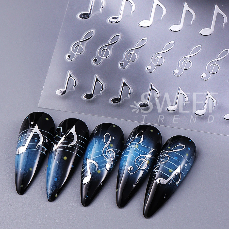 3 pezzi note musicali adesivi per unghie 3D nero oro argento simboli design fai da te Y2K metallizzato olografico gel smalto cursori decorazioni per unghie